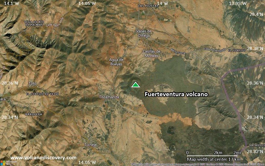Satellite/aerial-type map of Fuerteventura volcano (scale of approx. 10-20 km)