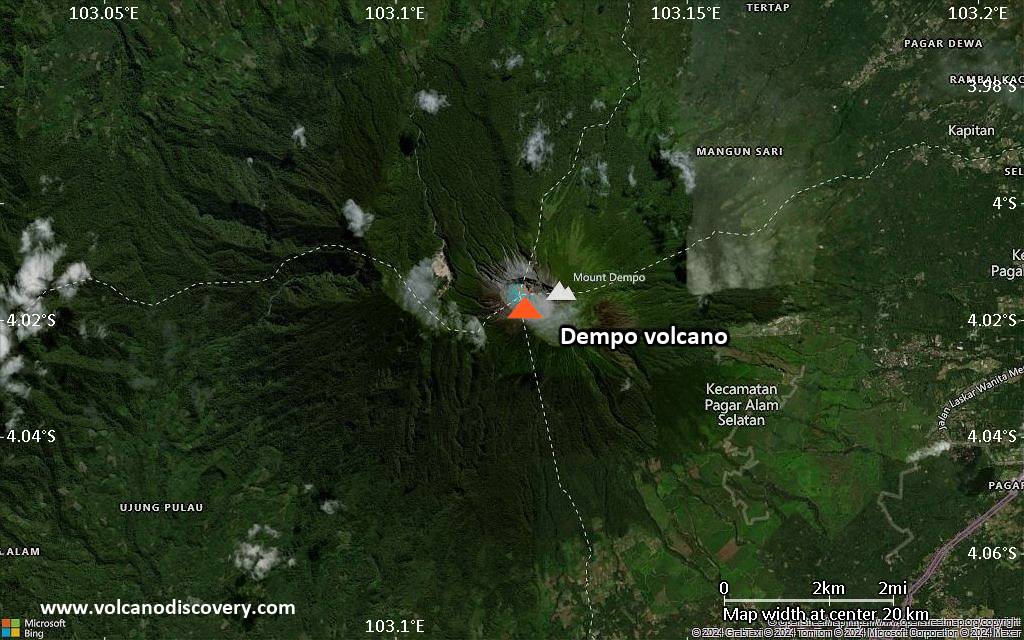 Satellite/aerial-type map of Dempo volcano (scale of approx. 10-20 km)