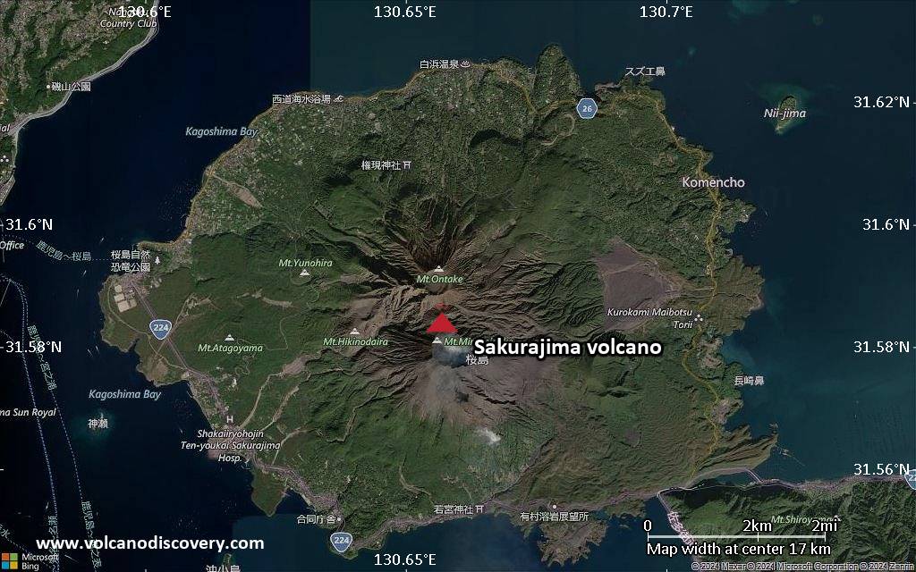 Satellite/aerial-type map of Sakurajima volcano (scale of approx. 10-20 km)