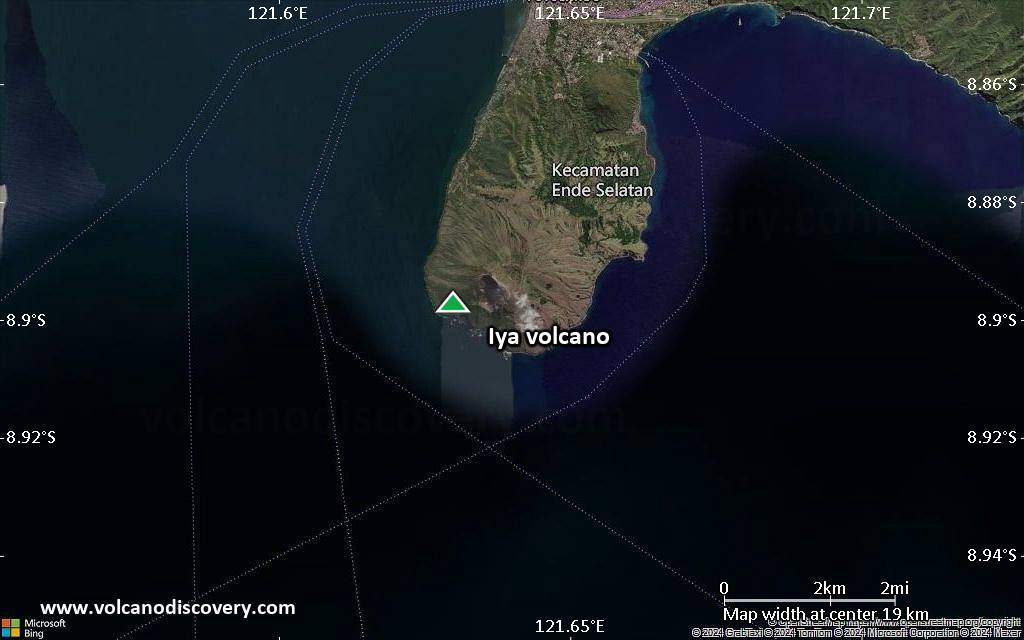 Satellite/aerial-type map of Iya volcano (scale of approx. 10-20 km)