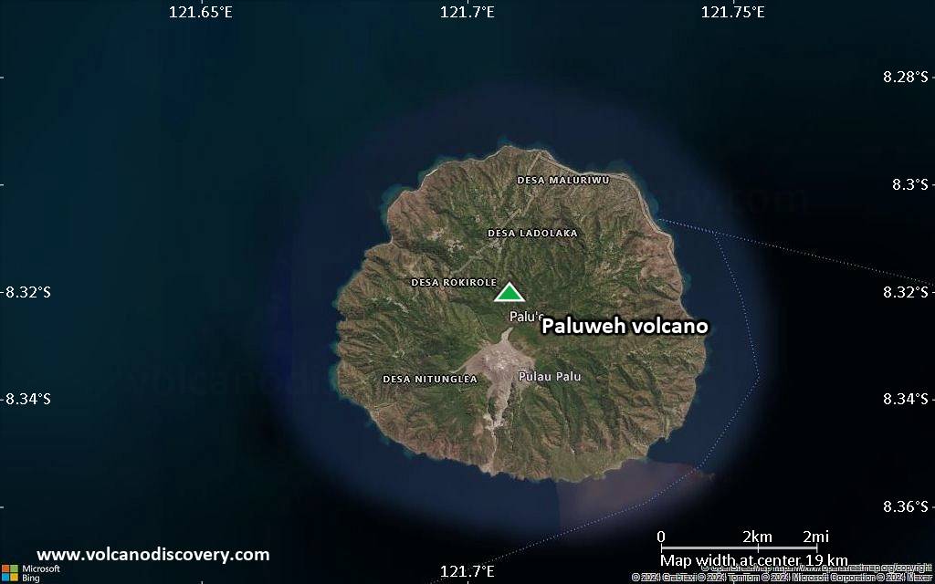 Satellite/aerial-type map of Paluweh volcano (scale of approx. 10-20 km)