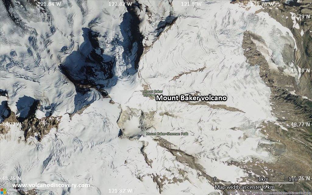 Satellite/aerial-type map of Mount Baker volcano (scale of 5-10 km)