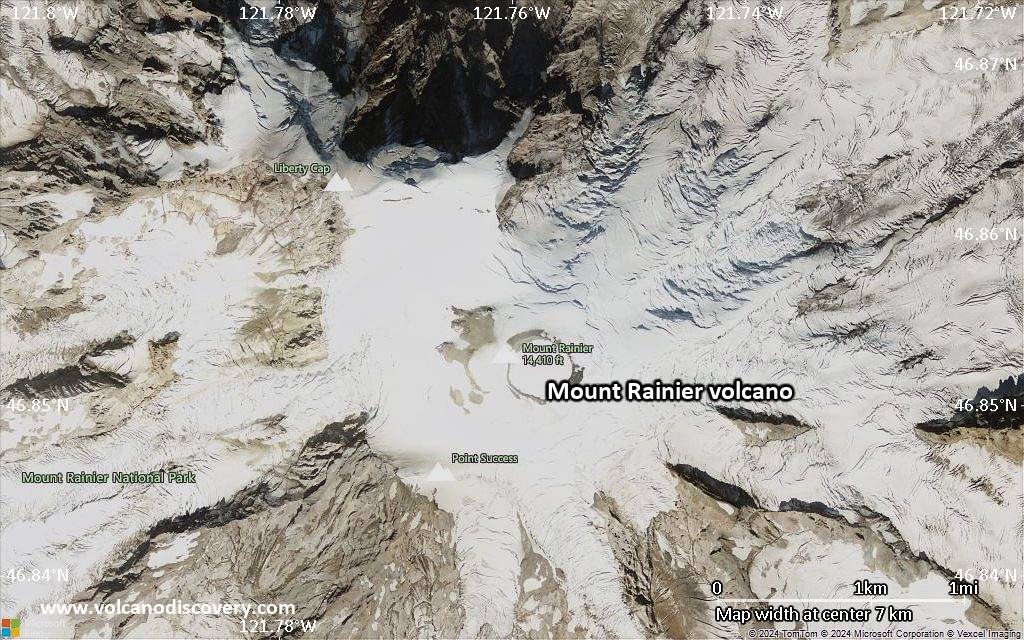 Satellite/aerial-type map of Mount Rainier volcano (scale of 5-10 km)