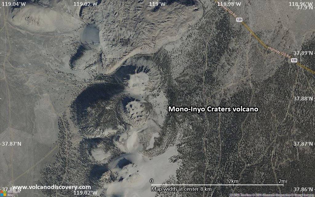 Satellite/aerial-type map of Mono-Inyo Craters volcano (scale of 5-10 km)