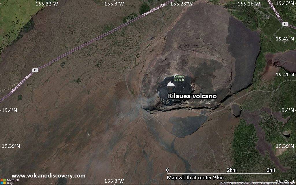 Satellite/aerial-type map of Kilauea volcano (scale of 5-10 km)
