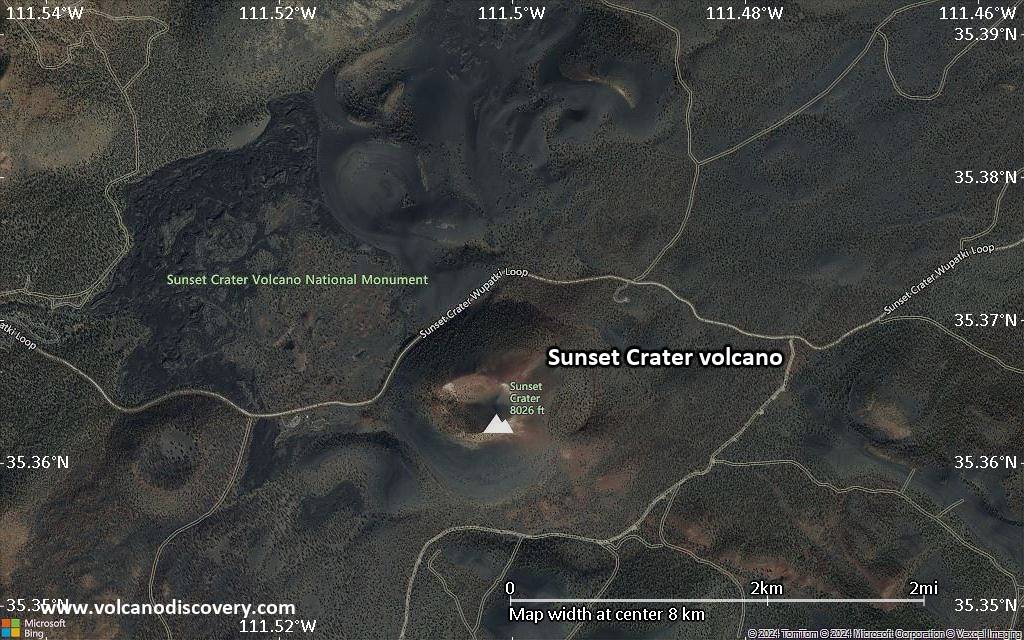 Satellite/aerial-type map of Sunset Crater volcano (scale of 5-10 km)