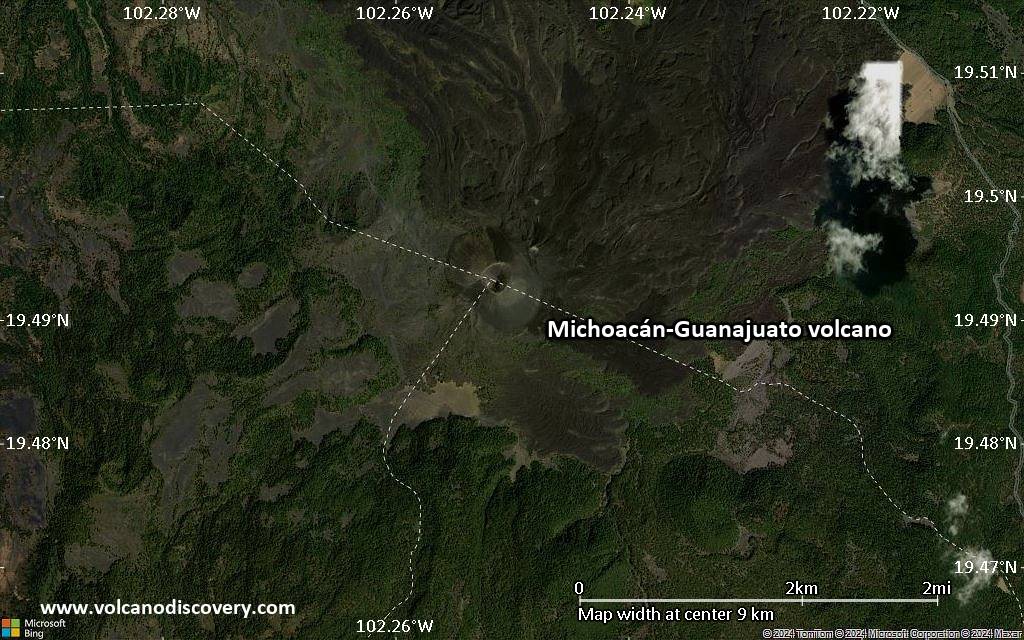 Satellite/aerial-type map of Michoacán-Guanajuato volcano (scale of 5-10 km)