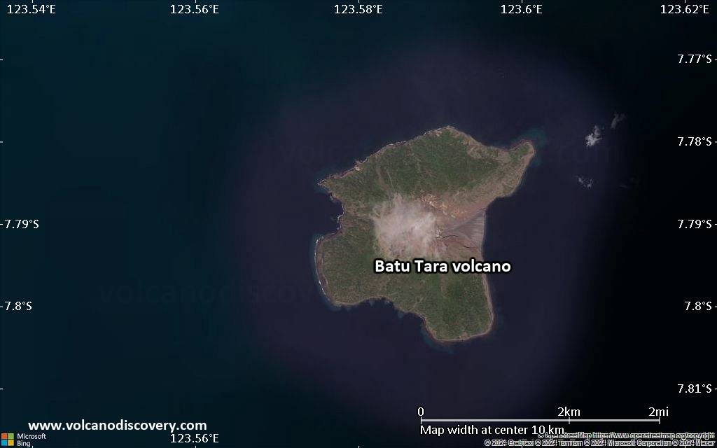 Satellite/aerial-type map of Batu Tara volcano (scale of 5-10 km)