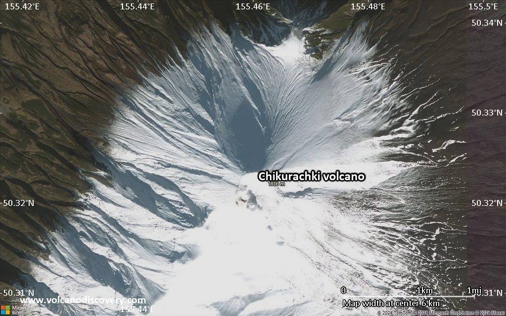 Satellite/aerial-type map of Chikurachki volcano (scale of 5-10 km)