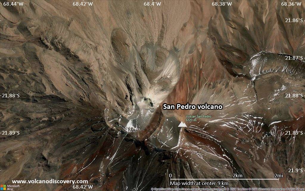 Satellite/aerial-type map of San Pedro volcano (scale of 5-10 km)