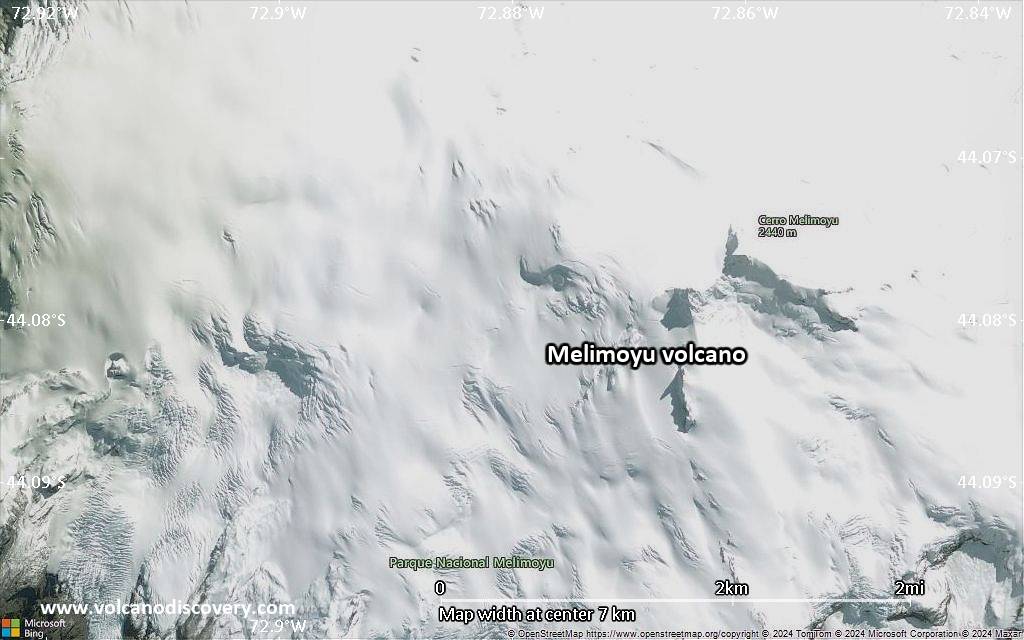 Satellite/aerial-type map of Melimoyu volcano (scale of 5-10 km)