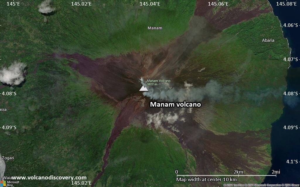 Satellite/aerial-type map of Manam volcano (scale of 5-10 km)