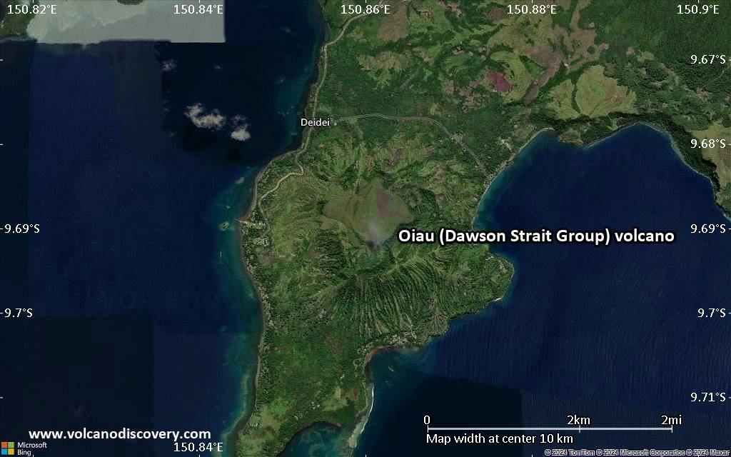 Satellite/aerial-type map of Oiau (Dawson Strait Group) volcano (scale of 5-10 km)