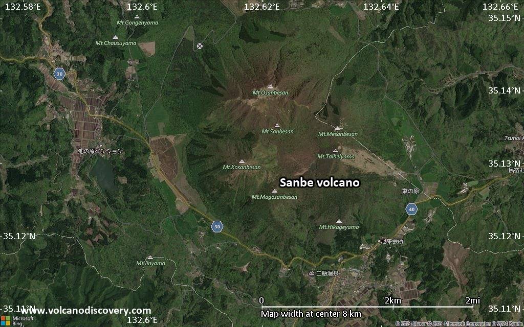 Satellite/aerial-type map of Sanbe volcano (scale of 5-10 km)