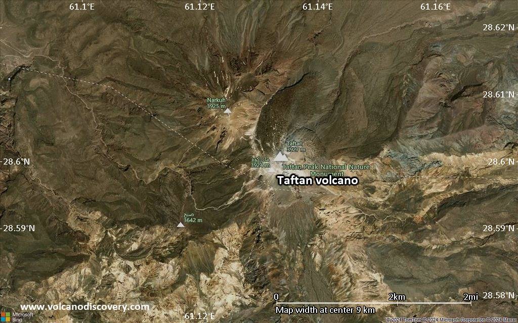 Satellite/aerial-type map of Taftan volcano (scale of 5-10 km)