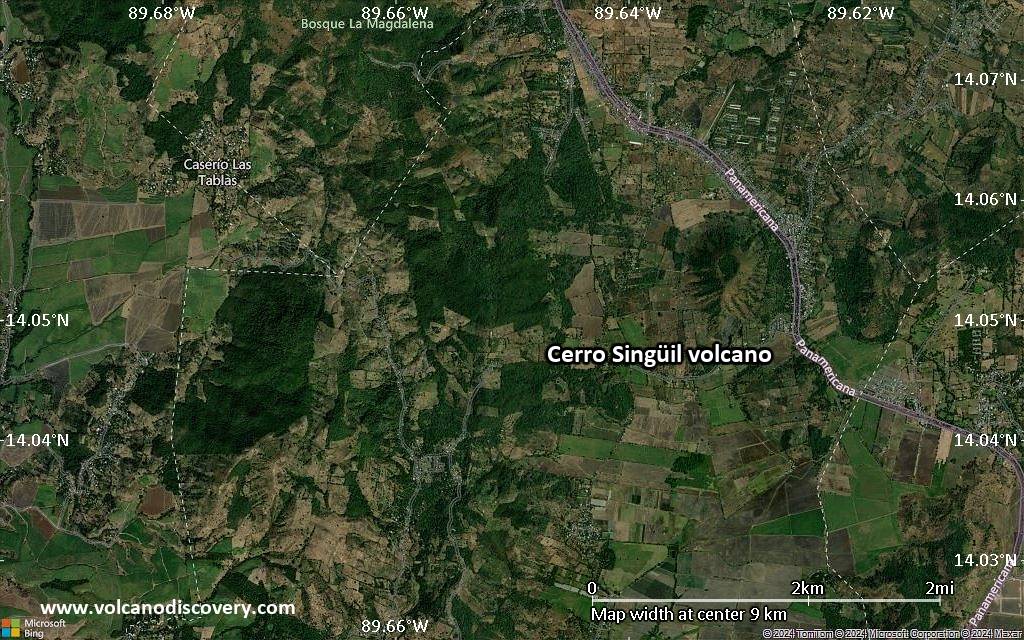 Satellite/aerial-type map of Cerro Singüil volcano (scale of 5-10 km)