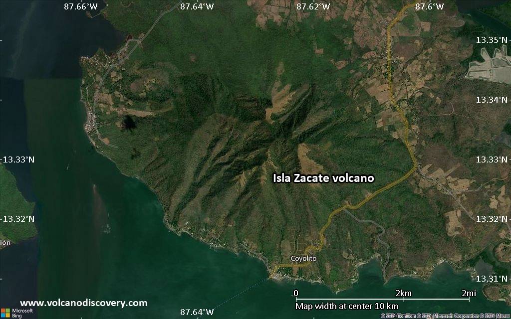Satellite/aerial-type map of Isla Zacate volcano (scale of 5-10 km)
