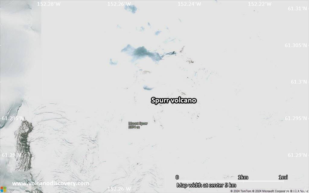 Satellite/aerial-type map of Spurr volcano (scale of 5-10 km)