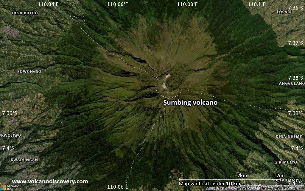 Satellite/aerial-type map of Sumbing volcano (scale of 5-10 km)