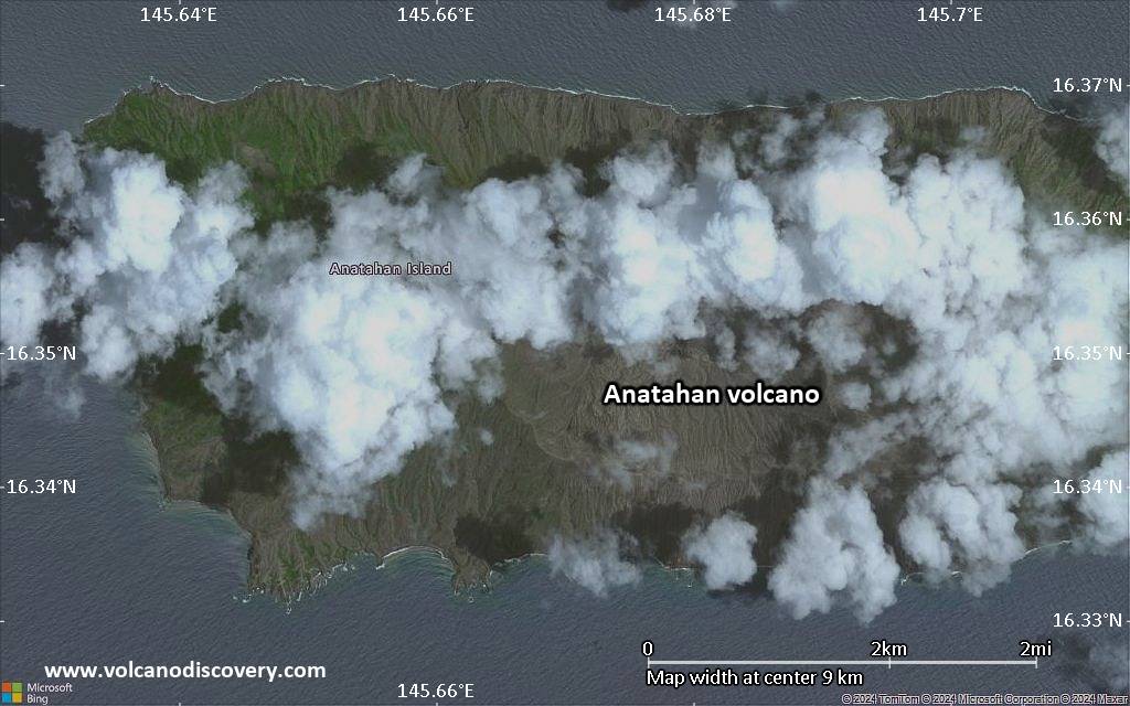 Satellite/aerial-type map of Anatahan volcano (scale of 5-10 km)