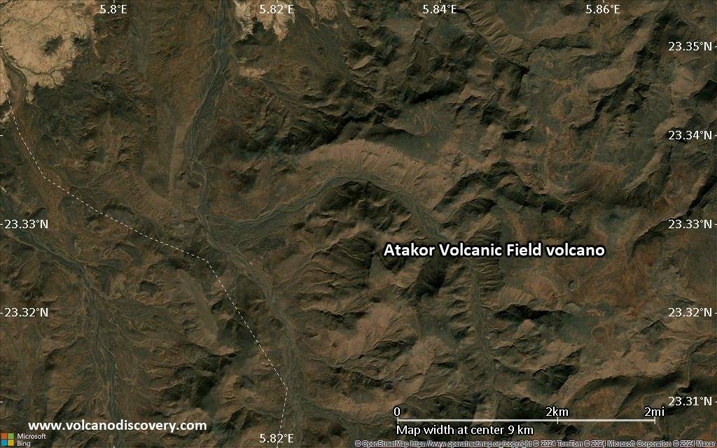 Satellite/aerial-type map of Atakor Volcanic Field volcano (scale of 5-10 km)