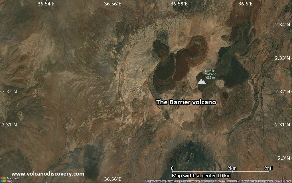 Satellite/aerial-type map of The Barrier volcano (scale of 5-10 km)