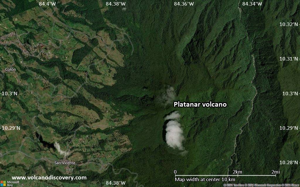 Satellite/aerial-type map of Platanar volcano (scale of 5-10 km)