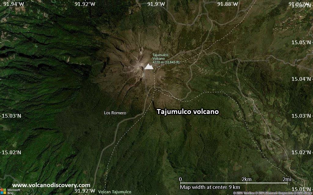 Satellite/aerial-type map of Tajumulco volcano (scale of 5-10 km)