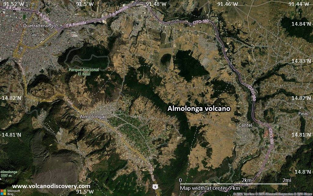 Satellite/aerial-type map of Almolonga volcano (scale of 5-10 km)