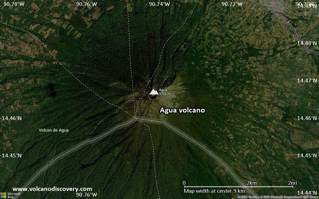 Satellite/aerial-type map of Agua volcano (scale of 5-10 km)