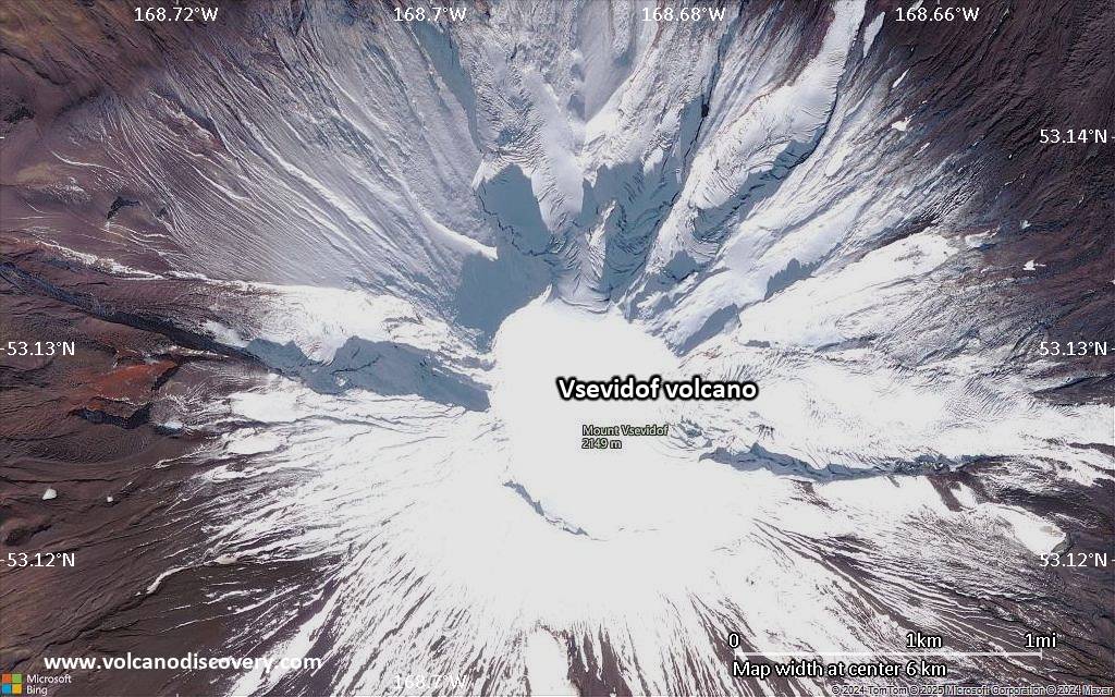 Satellite/aerial-type map of Vsevidof volcano (scale of 5-10 km)