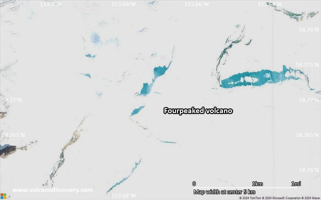 Satellite/aerial-type map of Fourpeaked volcano (scale of 5-10 km)