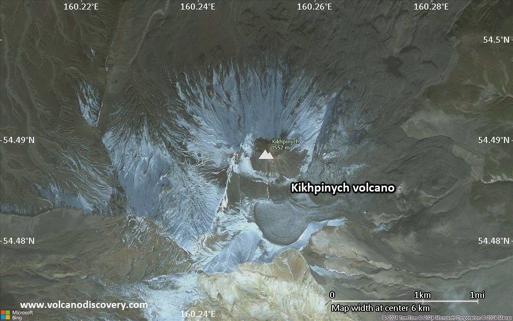 Satellite/aerial-type map of Kikhpinych volcano (scale of 5-10 km)