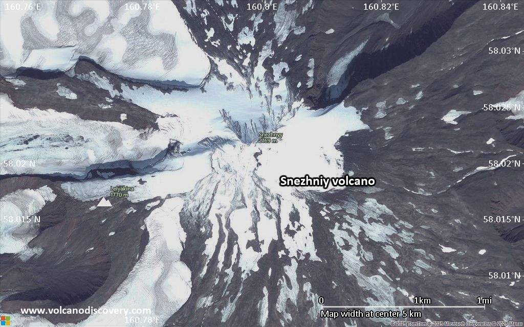 Satellite/aerial-type map of Snezhniy volcano (scale of 5-10 km)