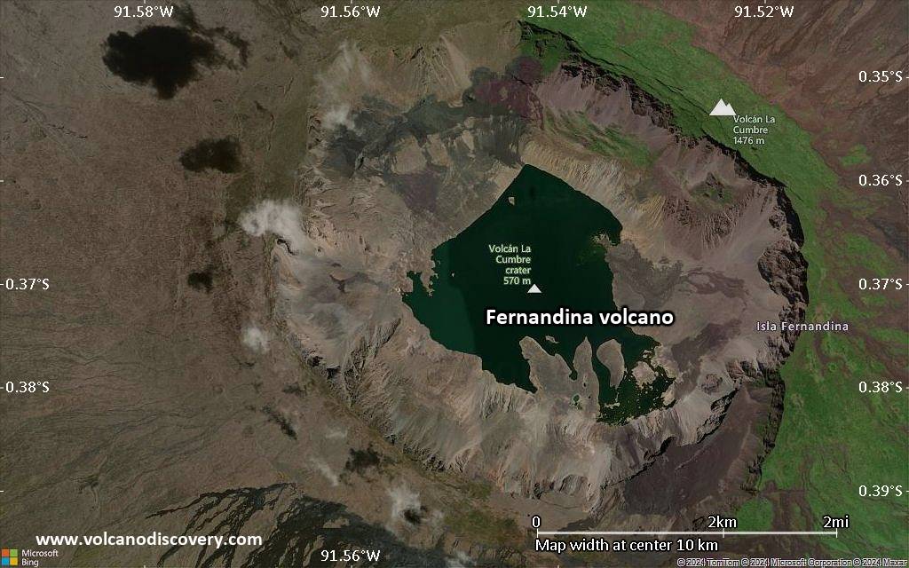 Satellite/aerial-type map of Fernandina volcano (scale of 5-10 km)