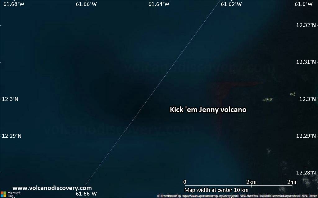 Satellite/aerial-type map of Kick 'em Jenny volcano (scale of 5-10 km)