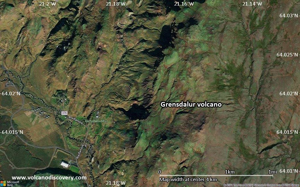 Satellite/aerial-type map of Grensdalur volcano (scale of 5-10 km)