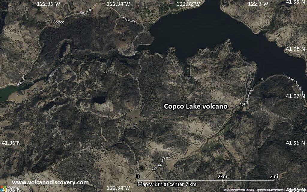 Satellite/aerial-type map of Copco Lake volcano (scale of 5-10 km)