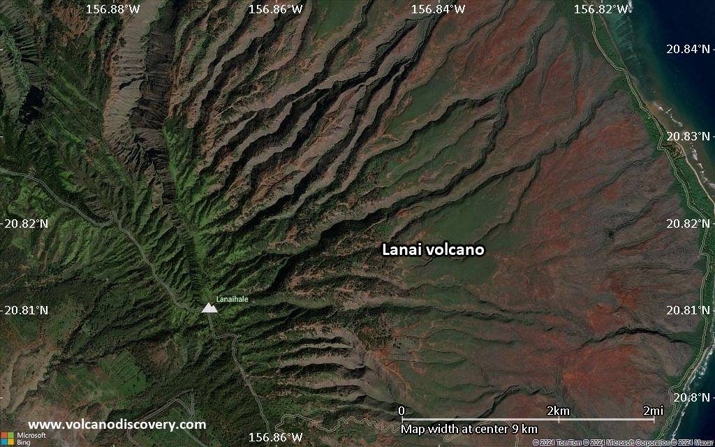 Satellite/aerial-type map of Lanai volcano (scale of 5-10 km)