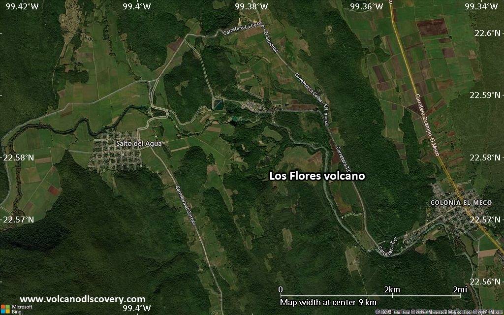 Satellite/aerial-type map of Los Flores volcano (scale of 5-10 km)