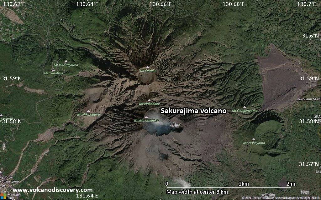 Satellite/aerial-type map of Sakurajima volcano (scale of 5-10 km)