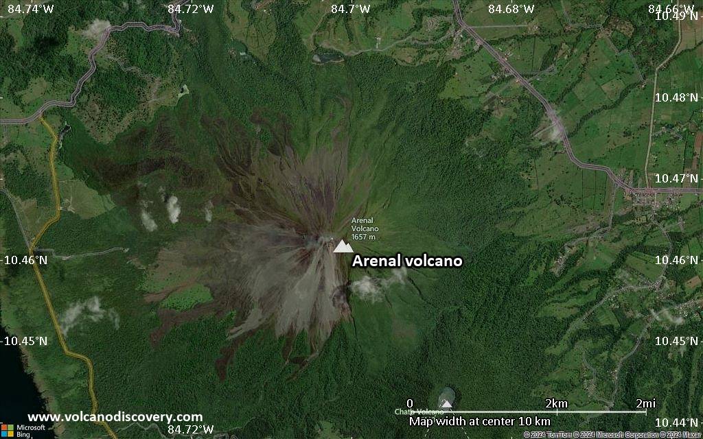 Satellite/aerial-type map of Arenal volcano (scale of 5-10 km)