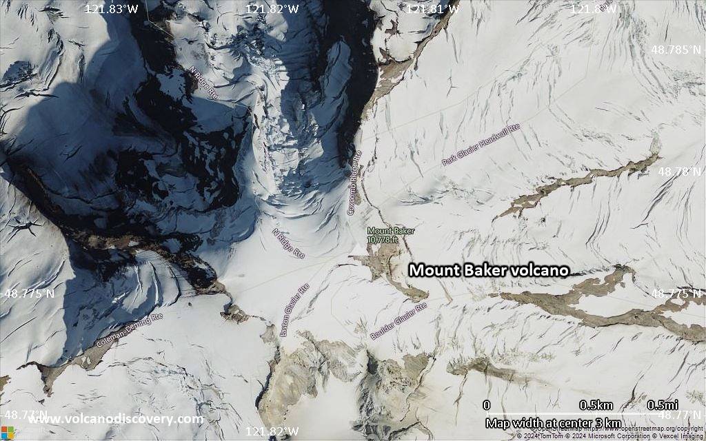 Satellite/aerial-type map of Mount Baker volcano (scale of few kilometers)