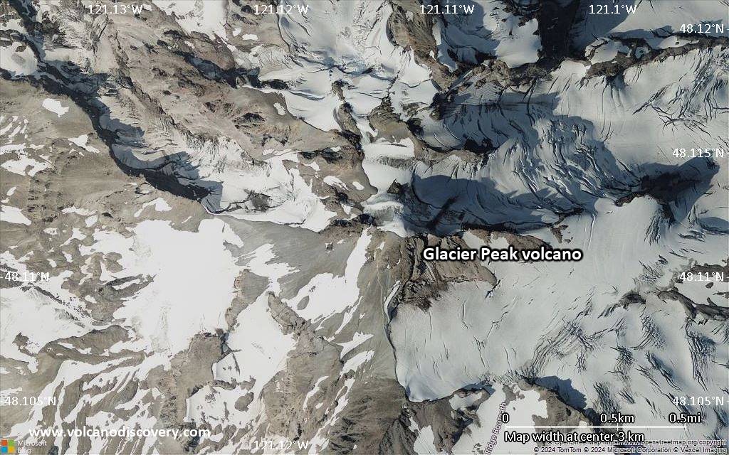 Satellite/aerial-type map of Glacier Peak volcano (scale of few kilometers)