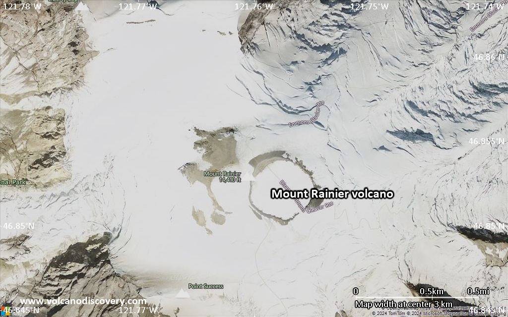 Satellite/aerial-type map of Mount Rainier volcano (scale of few kilometers)