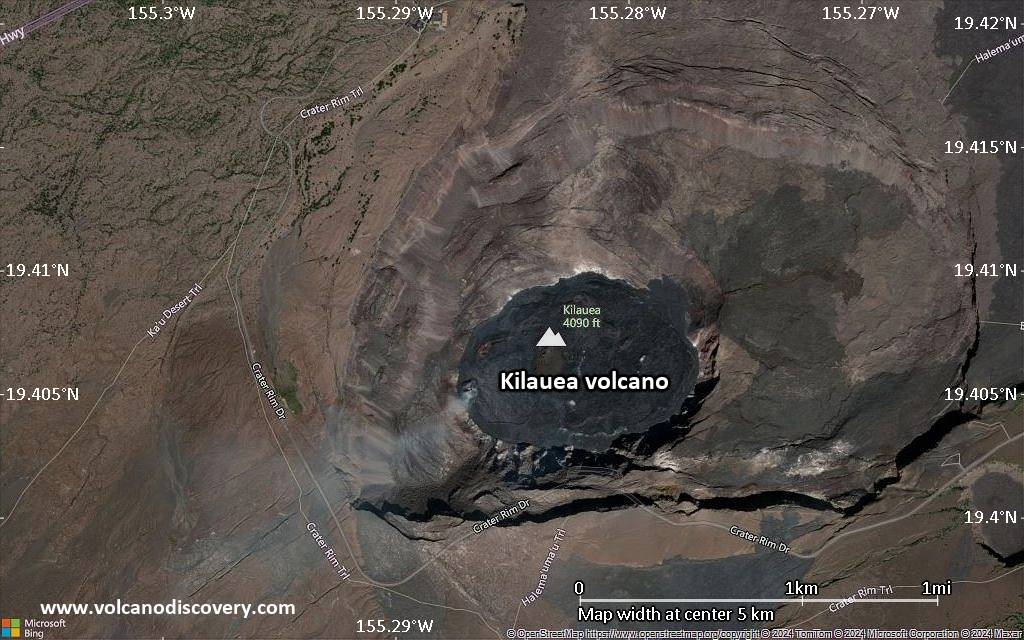 Satellite/aerial-type map of Kilauea volcano (scale of few kilometers)