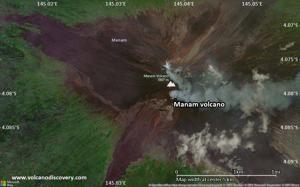 Satellite/aerial-type map of Manam volcano (scale of few kilometers)