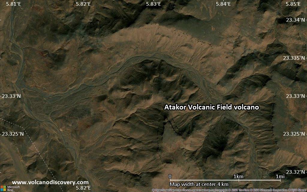 Satellite/aerial-type map of Atakor Volcanic Field volcano (scale of few kilometers)