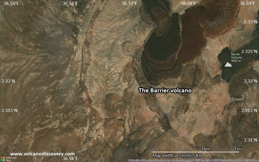 Satellite/aerial-type map of The Barrier volcano (scale of few kilometers)