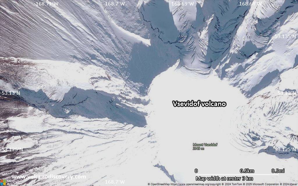 Satellite/aerial-type map of Vsevidof volcano (scale of few kilometers)